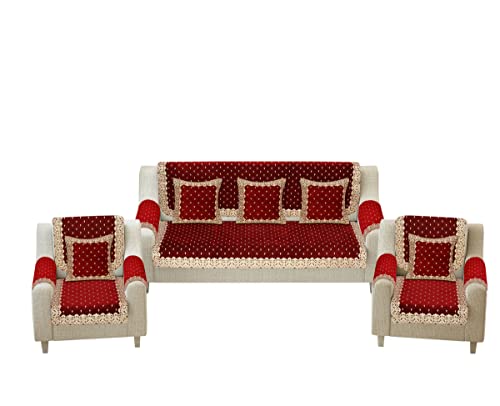 Image of Premium 5 Seater Printed Sofa Cover Set with Arm Covers and Coushion Covers, 3,1,1 Seater 16 Pieces Sofa Back Slip Panels, Premium Stylish Slip Cover Protector, Maroon (Pack of 17)