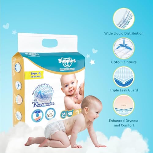 Image of Amazon Brand - Supples Premium Diaper Pants | for Newborn Babies | 36 Diapers | NB /XS | Up to 5 Kg | 12 Hrs Absorption | Cushiony Cotton Soft Fabric | Phthalates-Free | Triple Leak Guard