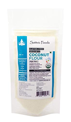 Image of Sattvic Foods Coconut Flour (80 g) Certified Organic, Unrefined, Gluten-Free, Defatted | High in Fibre & Healthy Fats | Keto-Friendly | Make Tortillas, bread, pies, cakes