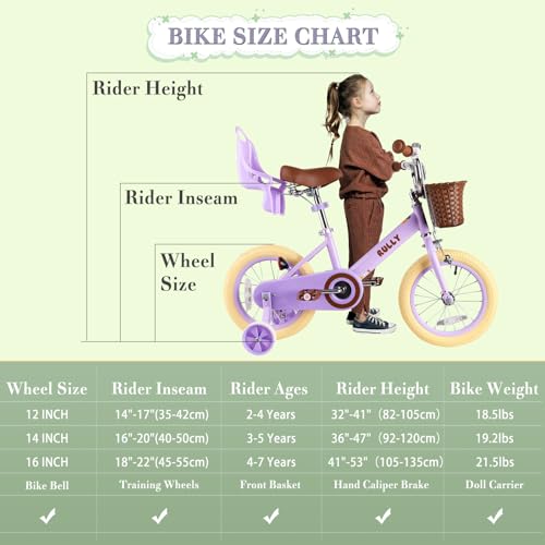 Image of RULLY 12 14 16 Inch Girls Bike with Doll Seat Basket and Training Wheels for 2-6 Years Children