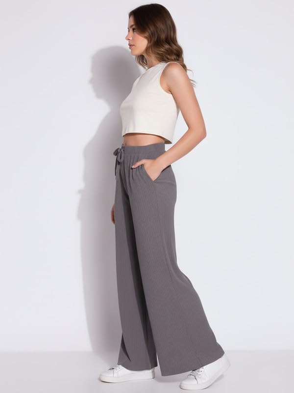 Image of DTR FASHION Women's Solid Lining Stretchable Cotton Blend Casual Wide Leg Trouser