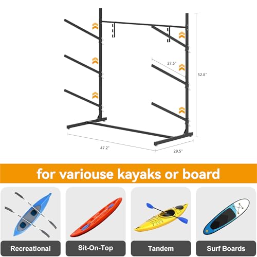 Image of LCAOPC Kayak Storage Rack, Freestanding Kayak Stand for Garage, Heavy Duty Indoor Outdoor Storage Rack for Kayaks, Canoes, Surfboard & Paddleboard, Black