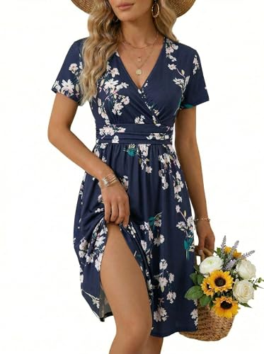 OUGES Casual Spring Summer Dress for Women 2026 Wrap V Neck A Line Midi Party Dresses with...