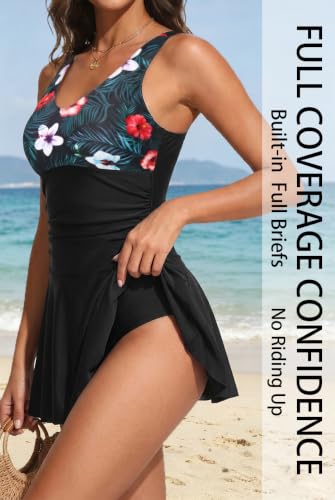 Image of Yonique One Piece Swimsuits for Women Modest Tummy Control Swimdress Vintage Bathing Suits Skirt Swimwear