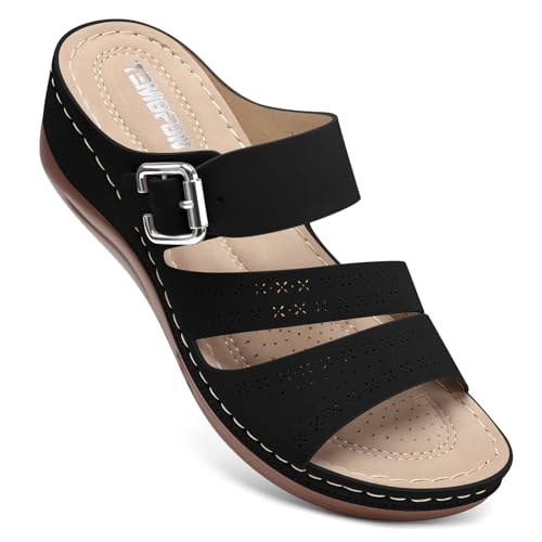 TEMOFON Wedge Sandals for Women Comfortable: Slip On Sandals Women Dressy Summer Flat Sandals Size 5-11