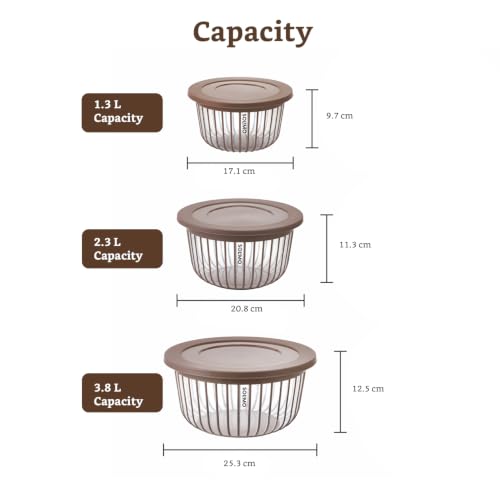 Image of Amazon Brand - Solimo Better Home Linea Transparent Plastic Storage Bowls Food Grade Set of 3 (1.3L, 2.3L, 3.8L) | BPA-Free, Stackable Kitchen Containers with Lids, Brown