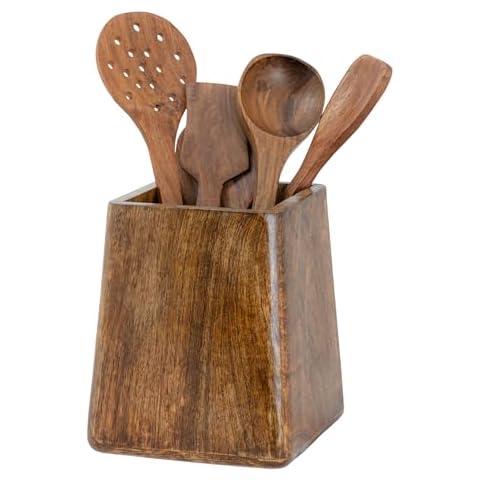 Mie Creations Rustic 7'' Large Utensil Holder Crock for Kitchen Countertop | Thanksgiving Christmas Utensils Crock, Wooden Square Spatula Organizer Caddy for Party, Cooking Counter Decor- Dark Brown Cover