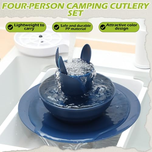 Set de vajilla Tioncy 29 piezas para camping, 4 personas, incluye platos, tazones, vasos y cubiertos reutilizables de plástico irrompible con bolsa de cordón para viaje, picnic y exteriores, apto para lavavajillas miniatura 4