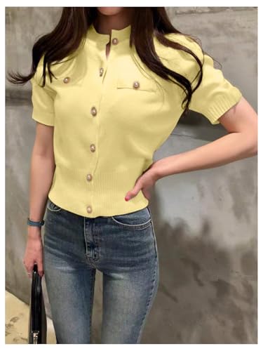 GORGLITTER Women's Short Sleeve Knitted Cardigan Button Down Crew Neck Old Money Sweater4