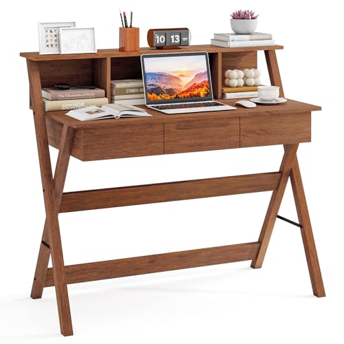 Tangkula Mid Century Desk with 3 Storage Drawers, Vintage Computer Desk with Monitor Stand, Home Office Workstation with Storage for Small Spaces, Study Writing Desk for Bedroom (Brown)