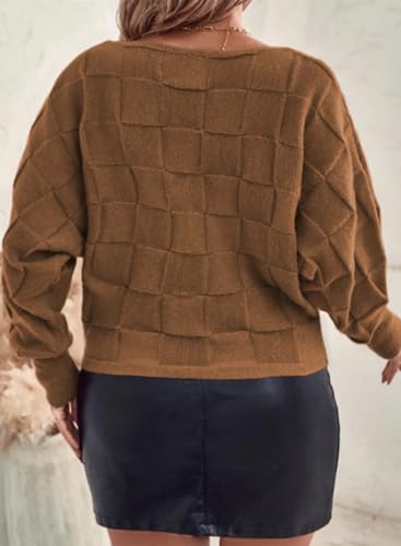 Eytino Womens Plus Size Solid Sweater Tops Casual Checkered Knit Long Sleeve Oversized Pullovers,3X Chestnut thumb #1