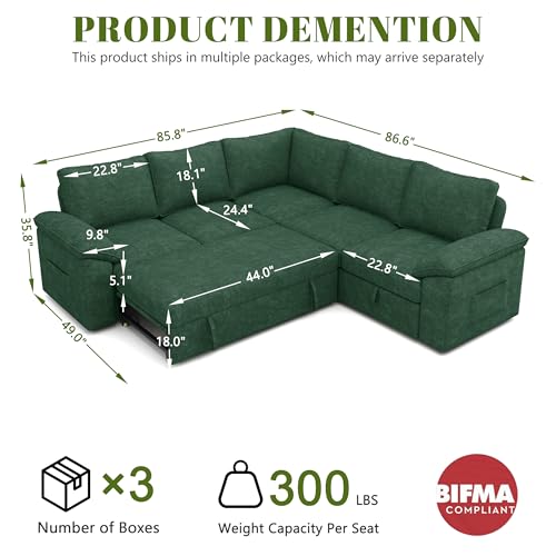 Image of 85 Inch Modular Sectional Sofa with Pull Out Bed, L Shaped 5 Seat Sectional Sleeper Sofa with Storage, Sectional Couches for Living Room, Cloud Modular Couch,Removable Sofa Cover,Green