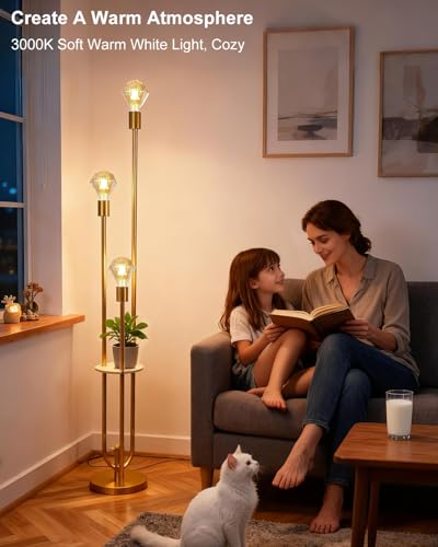 Image of Lightdot Gold Floor Lamp for Living Room Dimmable Vintage Floor Lamp with Shelf & E26 Bulbs Included Mid Century Standing Lamp Tall Lamp with 5Lbs Heavy Base for Bedroom /Sofa Beside /Corner Decor