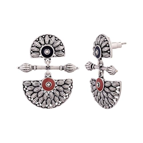 Voylla Brass Silver Oxidised Mandala Design Lightly Embellished Drop Earrings for Women and Girls