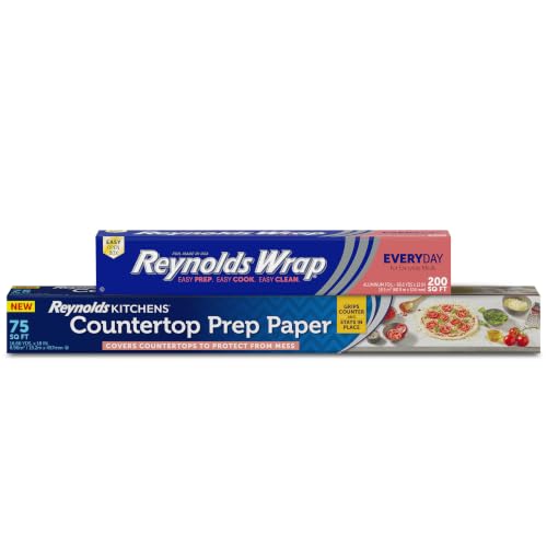 Image of Bundle of Reynolds Wrap Everyday Strength Aluminum Foil Roll, 12 Inches Wide, 200 Total Sq. Ft. + Reynolds Non Slip Kitchen Counter Protector Paper, 16.66 Yards x 18 Inches, 75 Total Sq. Ft.