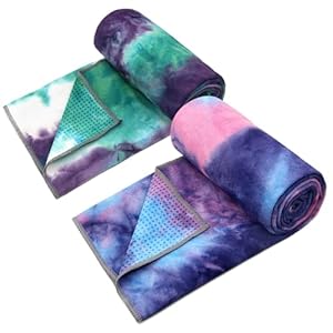 Eunzel 2 Pack Yoga Towel,Hot Yoga Mat Towel with Grip Dots Sweat Absorbent Non-Slip for Hot Yoga, Pilates and Workout 24″ x72，Purple & Blue/Green & Purple (2 Pack)