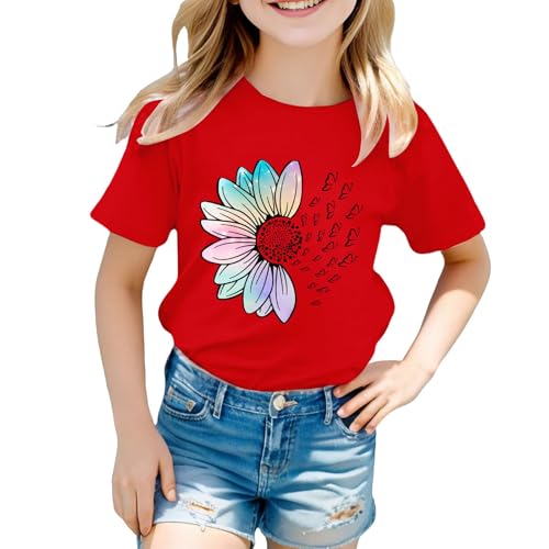 Girls Loose Fit Sunflower Graphic T Shirts Short Sleeve Crewneck Cute Pattern Printed Tops Kids (A-Red, 8-9 Years)3