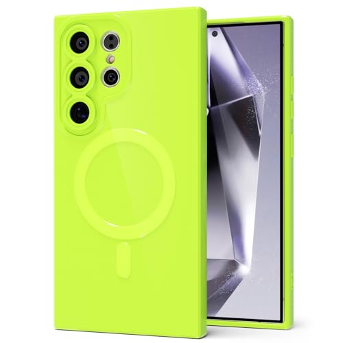 for Samsung Galaxy S24 Ultra Phone Case Silicone Magnetic, Compatible with Magsafe Case Cute for Women, Girly Bright Color Glossy Jelly Thin Slim Hard Mag Safe Rubber & Camera Cover, Neon Green Lime