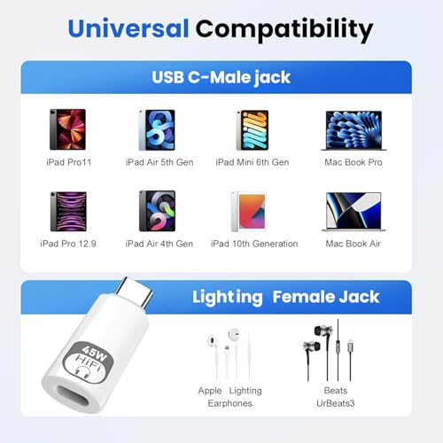 Image of Verilux 2 in 1 Lighting to C Earphone Converter, PD 45W Type C Male to Lighting Female Adapter with 480Mbps High-Speed Data Transmission for iPhone 17 /16 /15 Series, iPad mini /Air /Pro