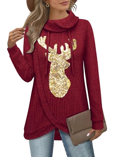 Image of Bulotus Tunic Sweaters for Women 2025 Turtleneck Sweater Pullover Lightweight Warm Tunic Tops for Leggings Loose Fit