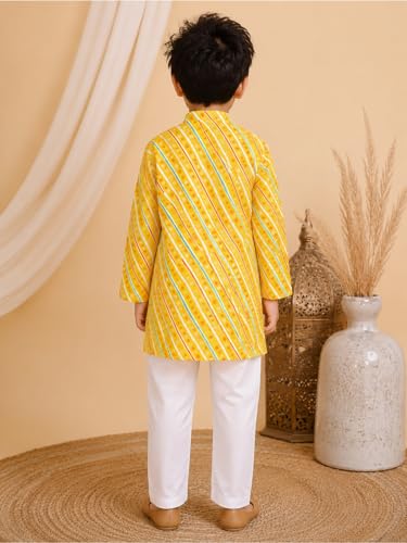 Image of superminis Cotton Boys Sanganeri Lehariya Printed Kurta Set with White Pyjama Elastic Closure
