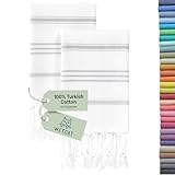 WETCAT Turkish Hand Towels with Hanging Loop, Set of 2 (20' x 30') 100% Turkish Cotton, Pre-Washed, Quick Drying, for Kitchen or Bathroom - Grey & White
