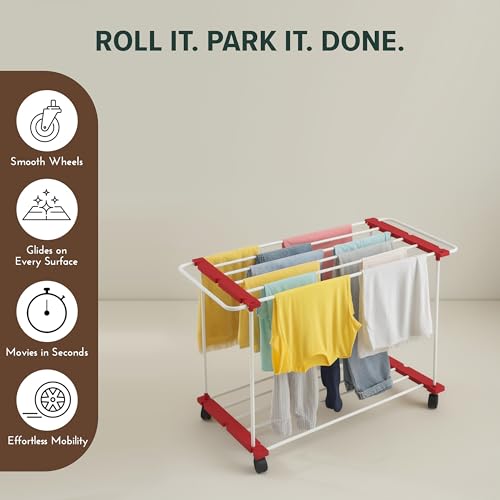 Image of TNT THE NEXT TREND Trixy 1 Layer Carbon Steel Indoor & Outdoor Clothes Drying Stand with U-Bar, Wheels, 16.7 ft Drying Space, (L96 x B45.3 x H65.5 cm), 5 Year Rust Proof Warranty, Cherry