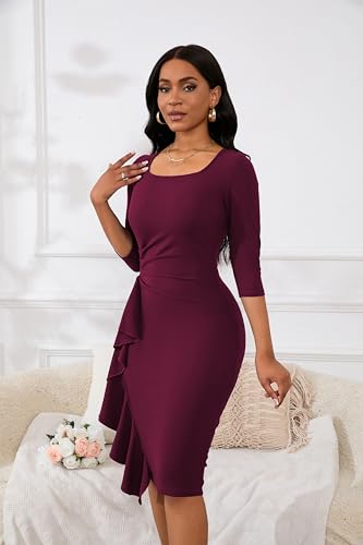 Image of Womens 1950s Vintage Bodycon Dress 3 /4 Sleeve Square Neck Cocktail Pencil Sheath Midi Dress Elegant