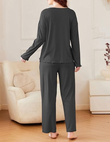 Ekouaer Womens Ribbed Knit Pajamas Set V Neck Long Sleeve Pj Set 2 Piece Loungewear Casual Sleepwear