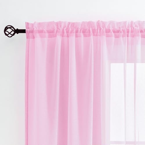Image of MYSTIC-HOME Sheer Curtains Pink 45 Inch Length, Rod Pocket Voile Drapes for Living Room, Bedroom, Window Treatments Semi Crinkle Curtain Panels for Yard, Patio, Villa, Parlor, Set of 2, 52 inchx 45 inch
