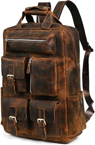 Mochila de cuero para hombres y mujeres, vintage, bolsa para laptop, múltiples bolsillos, mochila de viaje casual, color marrón