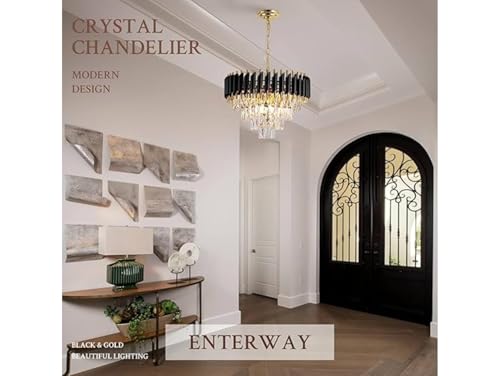Image of Modern 4-Tiers Crystal Pendant Light Black Gold Round Ceiling Light Fixture (Antique, 500mm), 3 Colors Led Plate Included Warm White, Natural Light, Chandelier Light (L-50*B-50*H-75 Cm) B