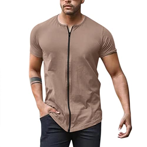 Paquete de camiseta casual de manga corta con cuello redondo y cremallera para hombre, blusa de verano para hombre, paquete múltiple, caqui, XXL
