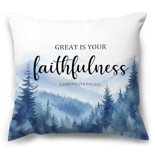 MNASAIOO Blue Christian Mountian Woods Decorative Throw Pillow Covers, Bible Verse Scripture Great is Your Faithfulness Pillows Covers, Watercolor Pillow Decor for Couch Bedroom Prayer Room 18x18in