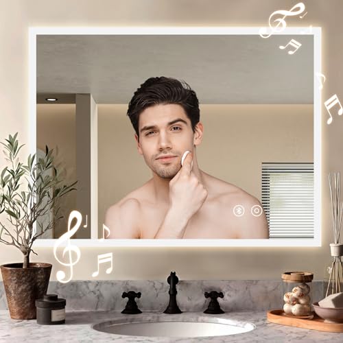 YOLEO Badspiegel mit Beleuchtung, LED Spiegel mit Bluetooth-Lautsprecher, Wandspiegel mit Steckdose, Badzimmerspiegel LED Beschlagfrei mit Touchschalter, 3 einstellbare Lichtfarbe, 80x60cm 5