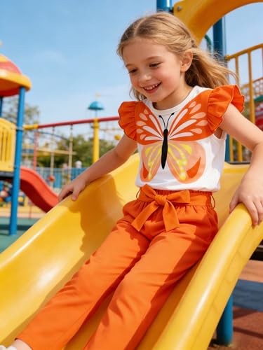 Image of Toddler Kid Girl Clothes Casual Ruffle Sleeve Floral Printed Top Solid Pants with Belt 3PC Outfit Set