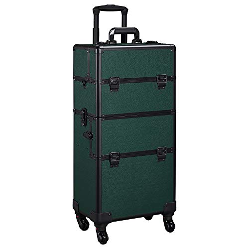 Yaheetech 3 in 1 Train Case Professional Dark Green Rolling Cosmetic Case Makeup Trolley Organizer Case with Carrying Strap