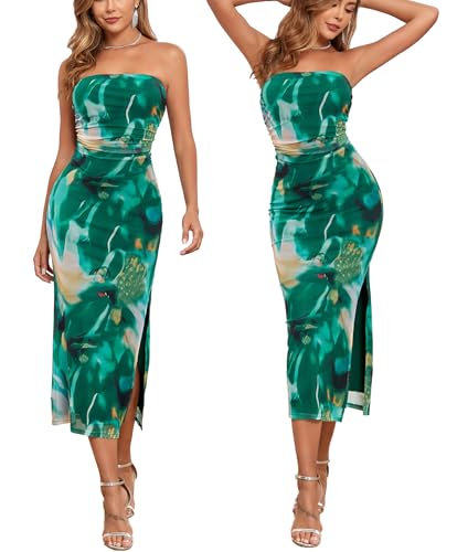 Image of ALENDA DANMOS Womens Strapless Printed Midi Dress with Slit Floral Mesh Tube Top Dresses Ruched Bodycon Party Club Dress 333