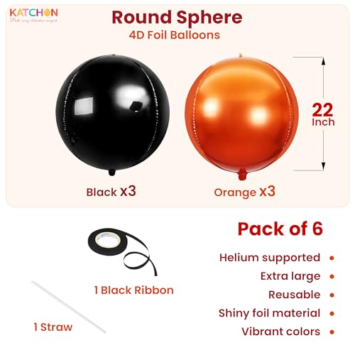 Image of Katchon, Huge, Metallic Orange and Black 4D Foil Balloons - 22 Inch, pack of 6 | Halloween Decorations Indoor with Halloween Balloons | Fall Decorations For Home, Thanksgiving decorations Indoor