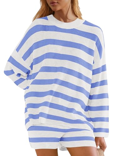 Image of Panadila Womens Striped Sweater Set Oversized Lounge Sets Matching Pajamas Long Sleeve Sweater Top and Shorts