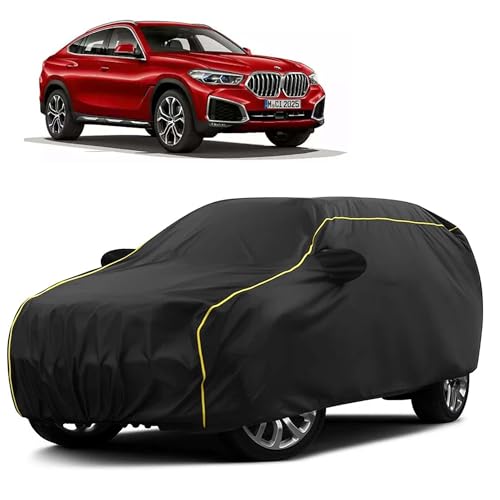 Image of Sulfar 100% Water Resistant Car Body Cover Compatible with Mirror for BMW X6 (Triple Stitched, Full Bottom Elastic, Black Taffeta with Yellow Piping)