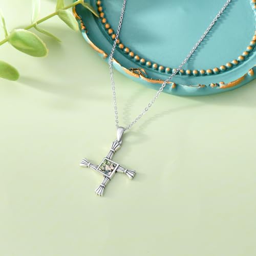 St Brigid’s Cross Necklace 925 Sterling Silver Brigid Cross Moss Agate/Abalone Pendant Christian Protection Irish Jewelry Gifts for Men Women3