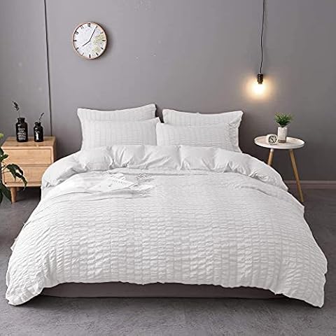 Seersucker Duvet Cover with Pillow Cases White Waffle Bedding Set 100% Cotton 200 Thread Count Quilt Covers Double King Super King Bed Size (White, King) Cover