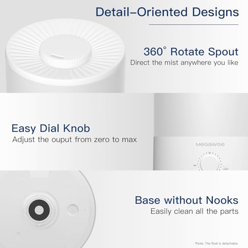 Image of Megawise Cool Mist Humidifiers for Bedroom, 2L Tank Ultra-Quiet Humidifier for Large Room, 40H Runtime with 7 Color Ambient Light, Auto Shut-Off Protection