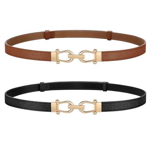 JASGOOD 2 Pack Thin Belts for Women Fashion Skinny Leather Waist Belts for Jeans Pants Dresses with Gold Buckle