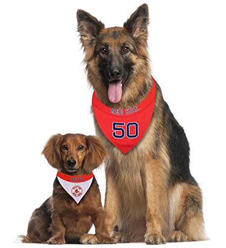 Image of Pets First MLBPA Reversible Dog Cat Bandana - Mookie Betts #50 Pet Bandana - MLB Boston Red Sox Home & Away Bandanna, Small /Medium