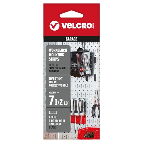 Image of VELCRO Brand Workbench Mounting Strips with Adhesive | Garage Organization | Strong Hook to Hook Locking Fastener for Semi-Permanent Applications | 1-1 /2in x 1in Strips, 4 Sets, Black
