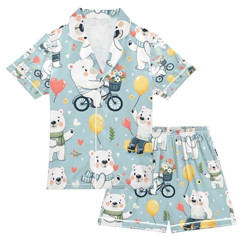 senya Cute Cartoon Polar Bears Satin Summer Pajama Sets Silk Short Sleeve Button Down Sleepwear