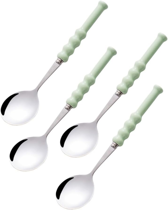 (4 Pieces) 7.5 Inch Ceramic Long Handle Spoon Stainless Steel Household Eating Soup Spoon Coffee Tea Spoon Small Round Spoon