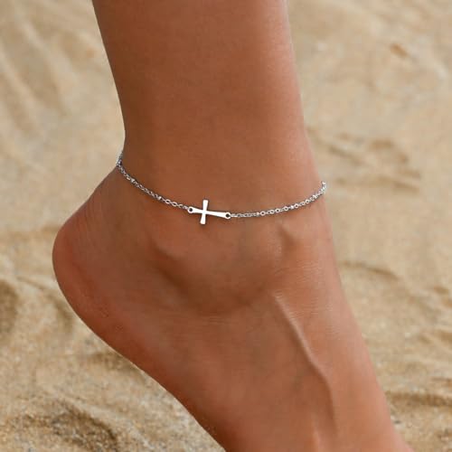Image of NONAMOIS Ankle Bracelets for Women Dainty 18K Gold Plated Anklet Waterproof Round Beaded Paperclip Herringbone Pearl Chain Anklets Waterproof Beach Foot Jewelry